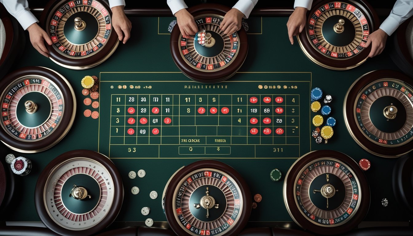 Beberapa roda roulette dengan susunan keping taruhan di atas meja kasino.