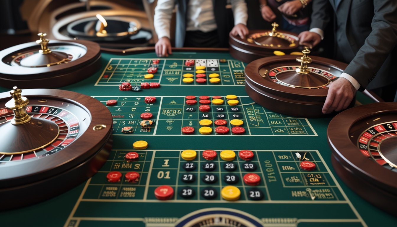 Beberapa roda roulette dengan chip taruhan yang disusun dalam kombinasi angka di meja kasino.