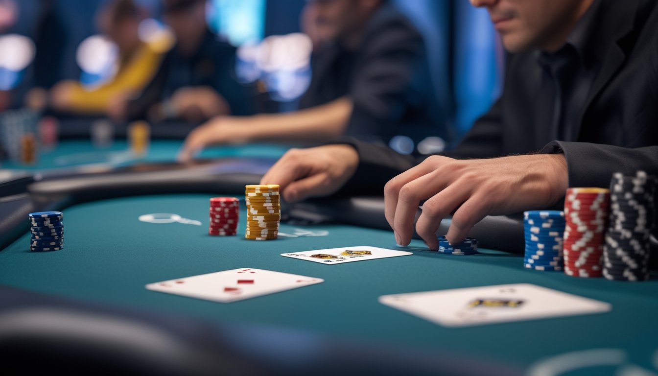 Pemain poker fokus mempelajari kartu dan tumpukan chip di meja kasino.