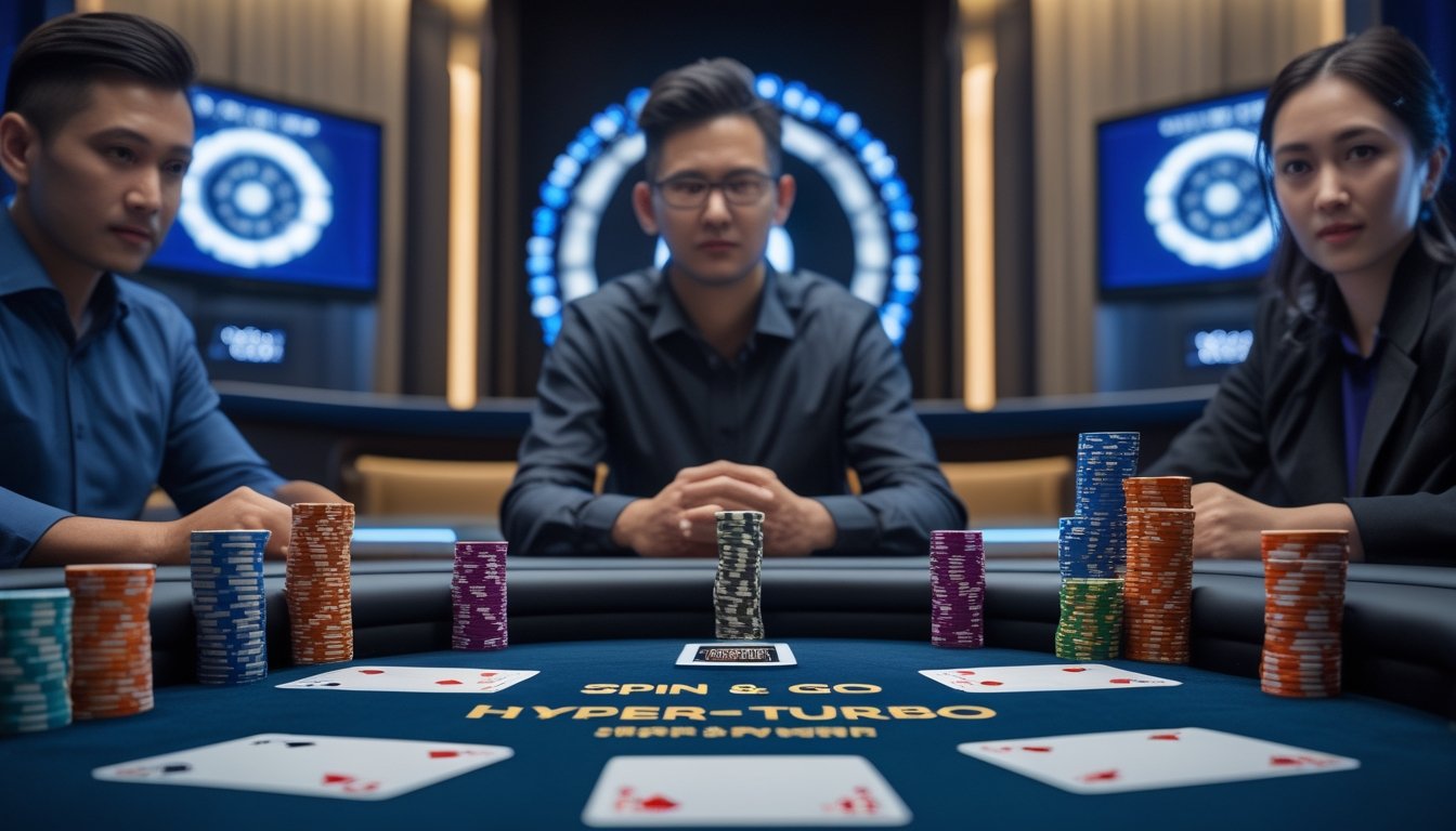 Tiga pemain duduk di meja poker dengan tumpukan chip dan kartu dalam suasana turnamen yang kompetitif.
