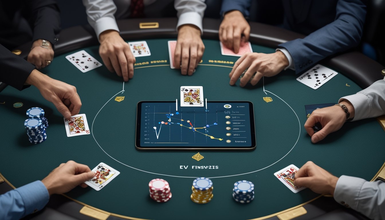 Meja poker dengan kartu, tumpukan chip, dan tablet yang menampilkan grafik analisis abstrak.