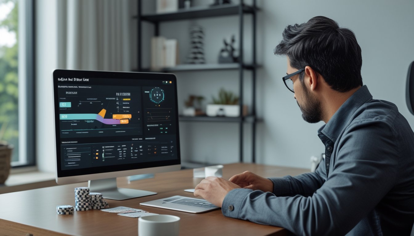 Seorang pemain poker menganalisis strategi dan tumpukan chip di meja kerja dengan laptop.