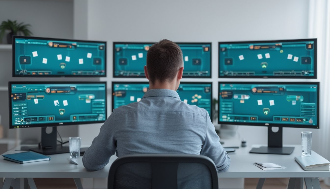 Pemain poker pemula fokus mengelola beberapa meja Spin & Go di ruang kerja modern.