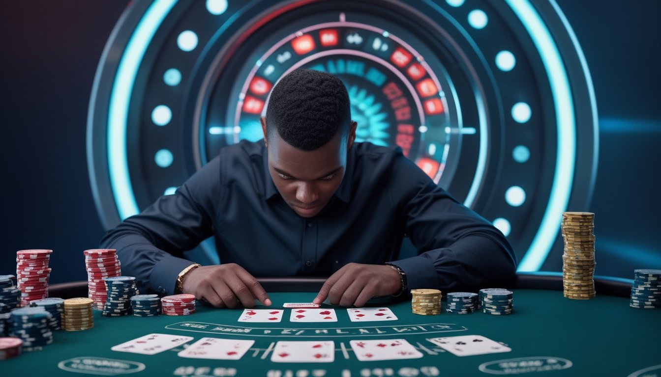 Seorang pemain poker mempelajari kartu dan tumpukan chip di meja permainan.