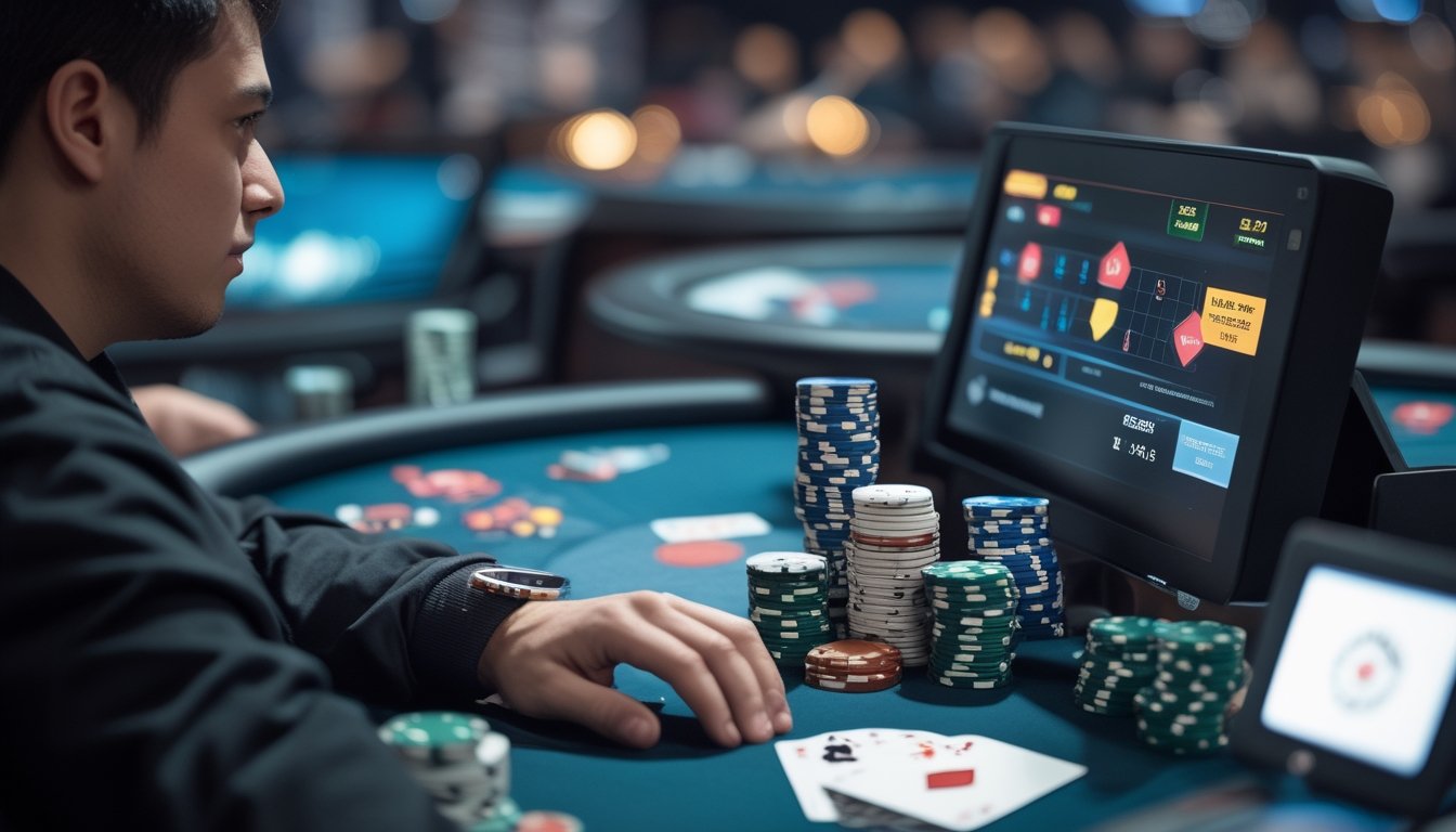 Pemain poker fokus mengambil keputusan dengan kartu dan chip di meja turnamen.
