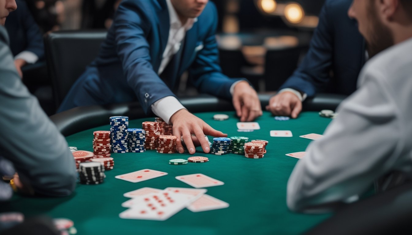 Pemain poker pemula tampak gugup dan ragu di meja permainan dengan kartu serta tumpukan chip yang berantakan.