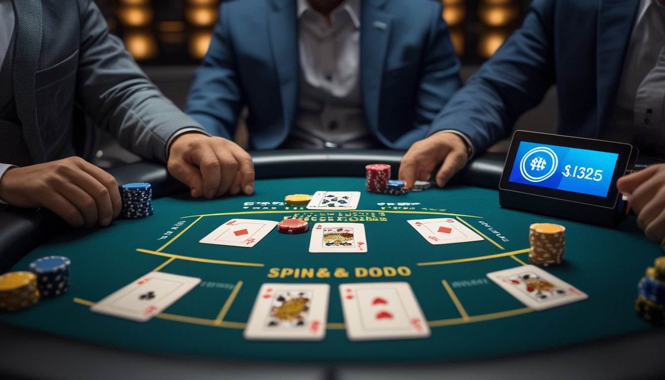 Seorang pemain poker pemula tampak terburu-buru dan bingung saat bermain melawan dua lawan di meja turnamen kecil.