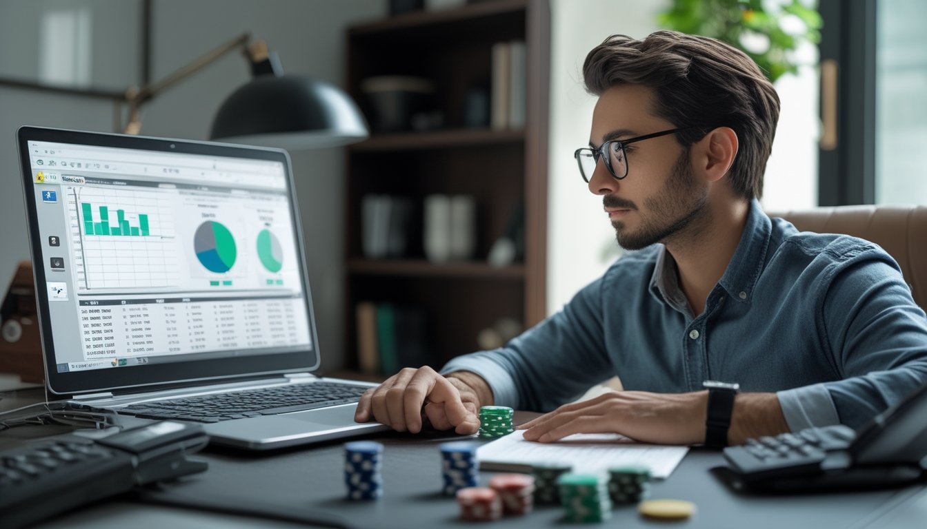 Pemain poker meninjau data dan tumpukan chip untuk menilai kesiapan naik taruhan.