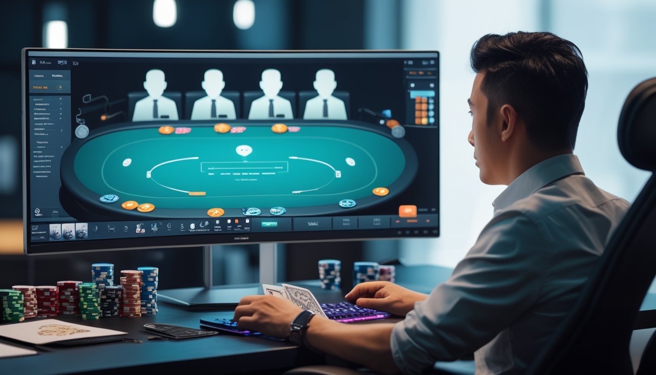Pemain menganalisis permainan poker Spin & Go di depan monitor dengan kartu, chip, dan catatan strategi.