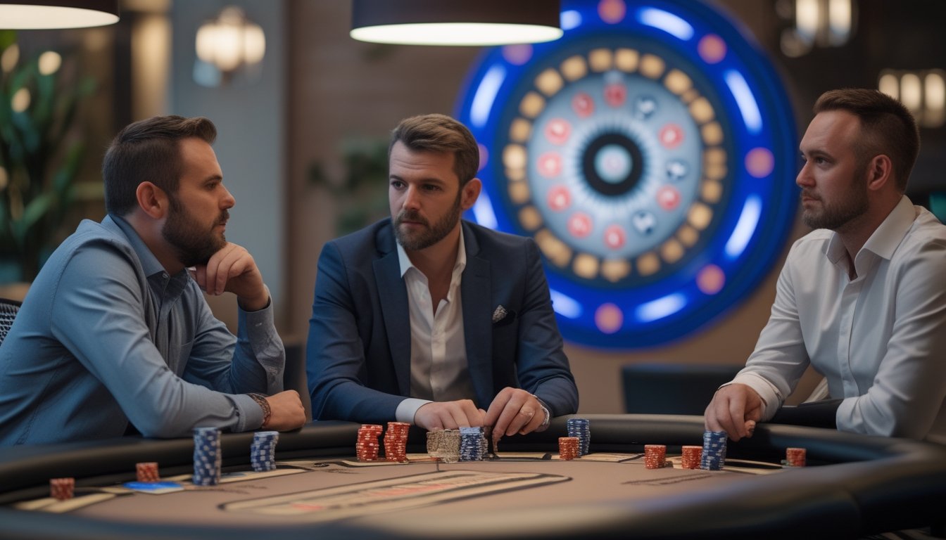 Tiga pemain poker dengan gaya bermain berbeda duduk di meja Spin & Go dan mengamati kartu serta tumpukan chip.