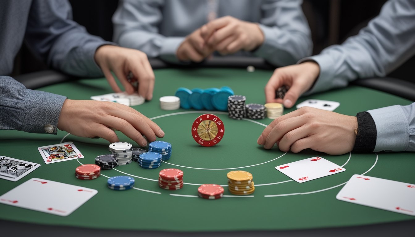 Pemain pemula mempelajari permainan poker Spin & Go di meja dengan kartu dan tumpukan keping.