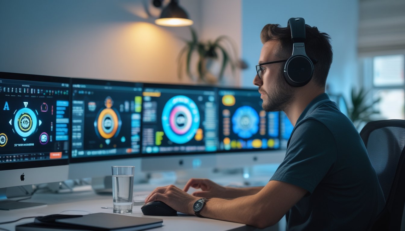 Seorang pemain poker fokus bermain di depan beberapa monitor dalam ruang kerja modern.
