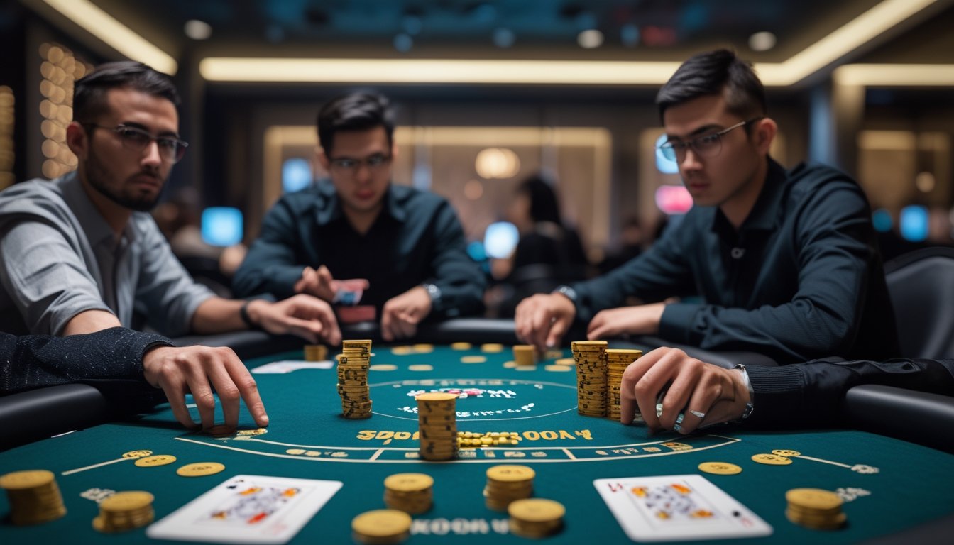 Tiga pemain duduk di meja poker dengan tumpukan chip, sementara seorang pemain mendorong chip ke tengah meja.