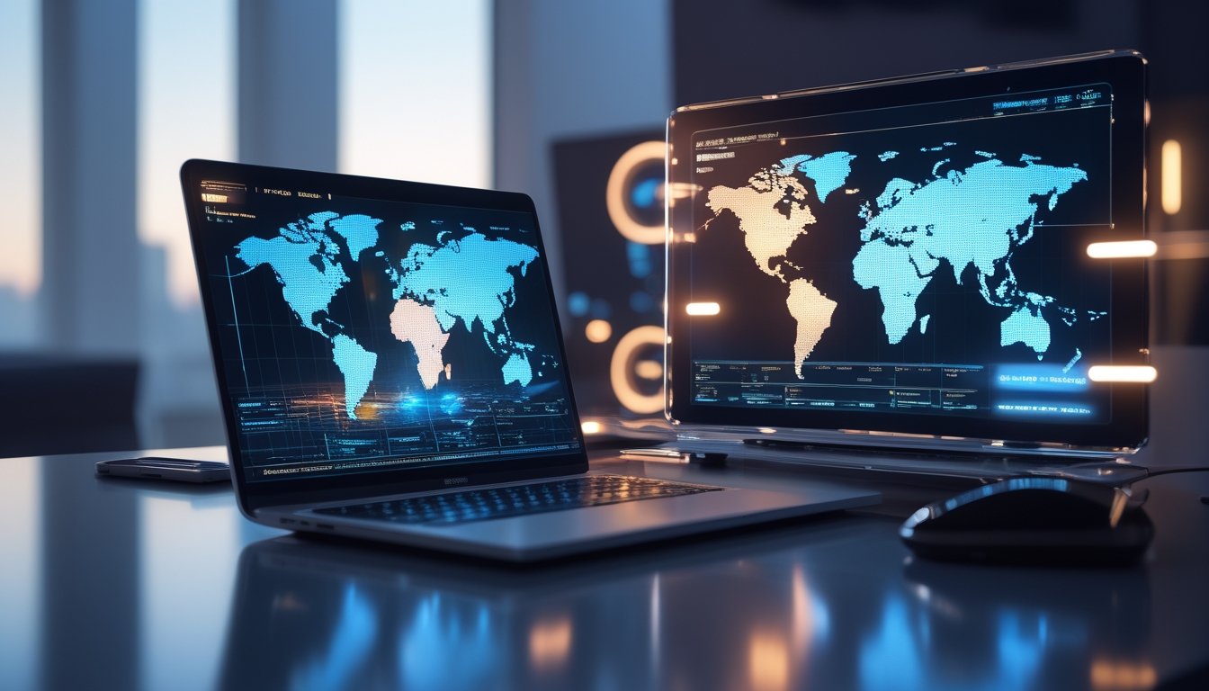 Laptop dan ponsel berada di meja modern dengan hologram peta dunia dan jaringan digital bercahaya.