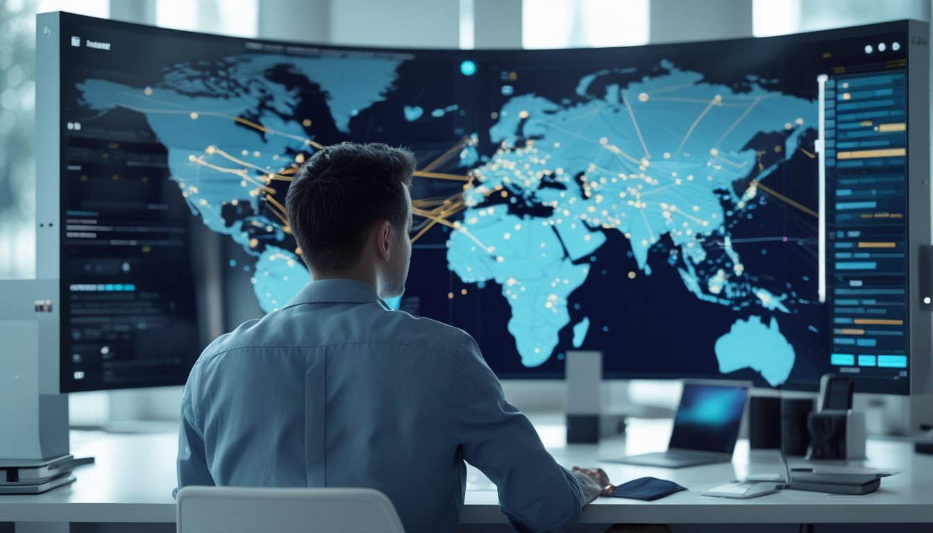 Pengguna mengamati jaringan global yang terhubung dengan server di ruang kerja modern.