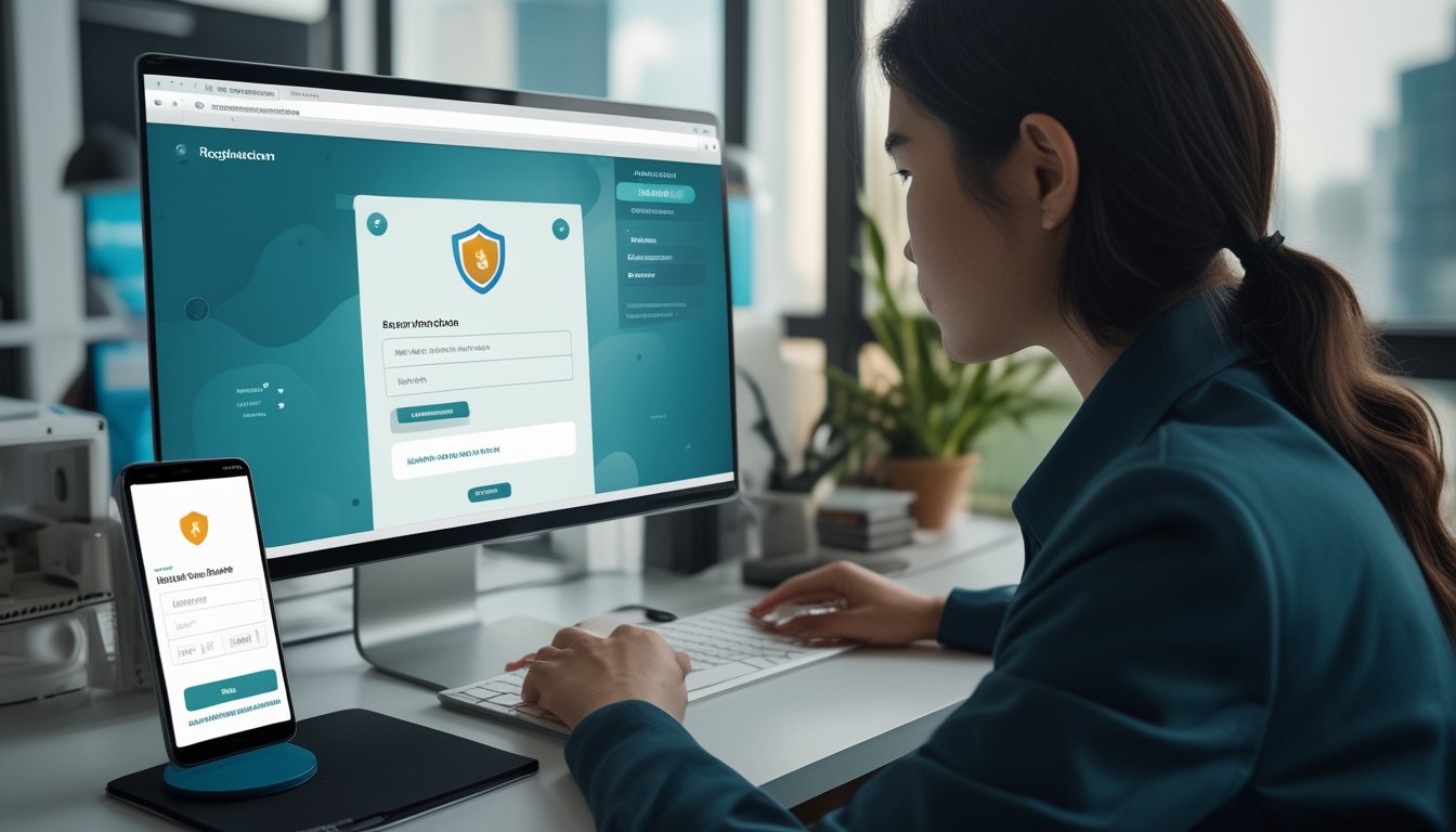 Seorang profesional mendaftarkan akun digital melalui laptop dengan ponsel untuk verifikasi.