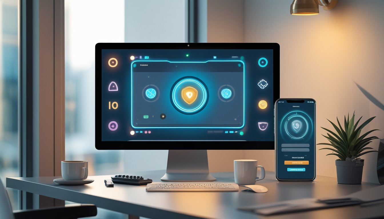 Meja kerja modern dengan monitor dan ponsel yang menampilkan antarmuka permainan digital abstrak.