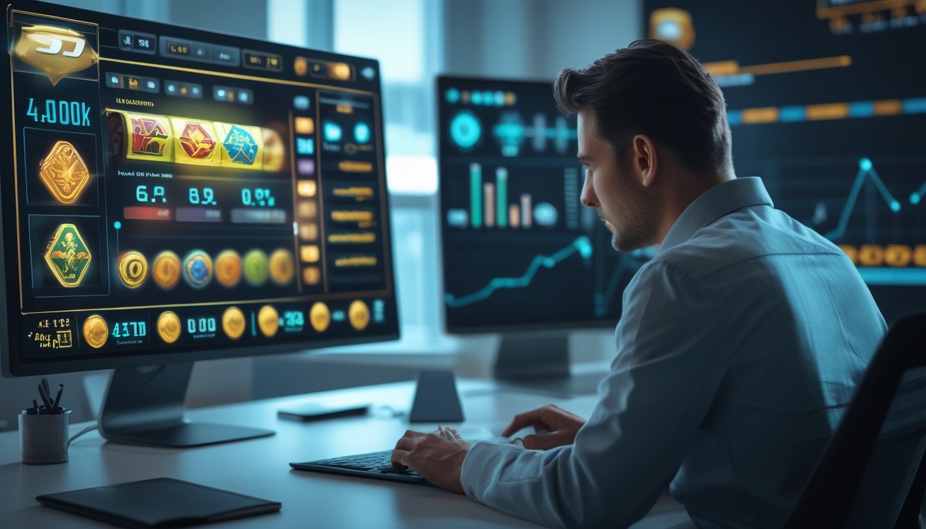 Seorang analis dewasa mempelajari data permainan slot dan grafik probabilitas di ruang kerja modern.