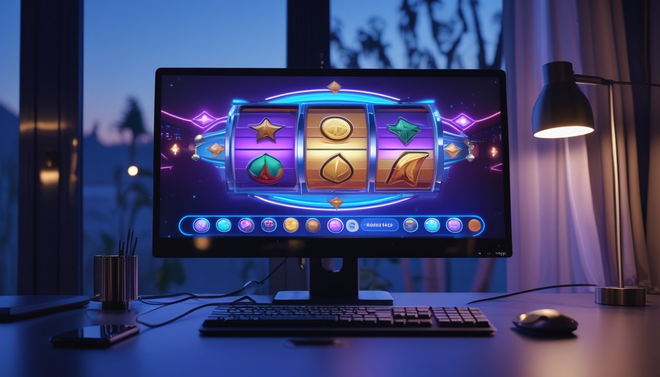 Meja komputer dengan monitor bercahaya warna-warni dalam suasana malam.