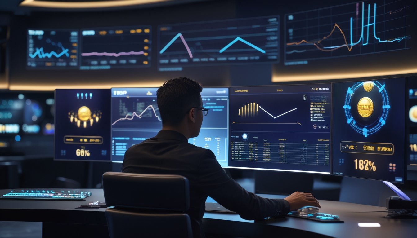 Seseorang mengamati grafik dan pola data abstrak pada beberapa layar di ruang hiburan modern.