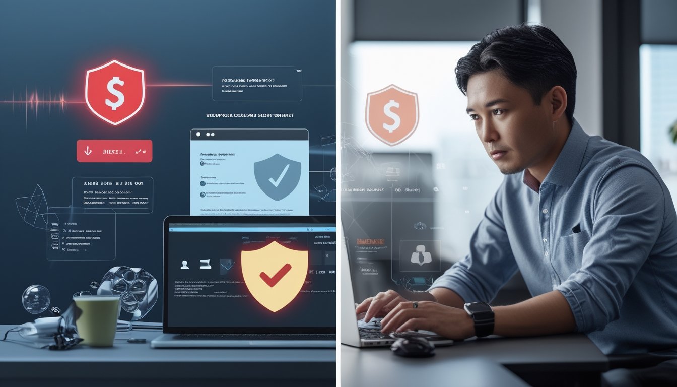 Seseorang membandingkan dua platform digital, satu tampak mencurigakan dan satu terlihat aman, menggunakan laptop.