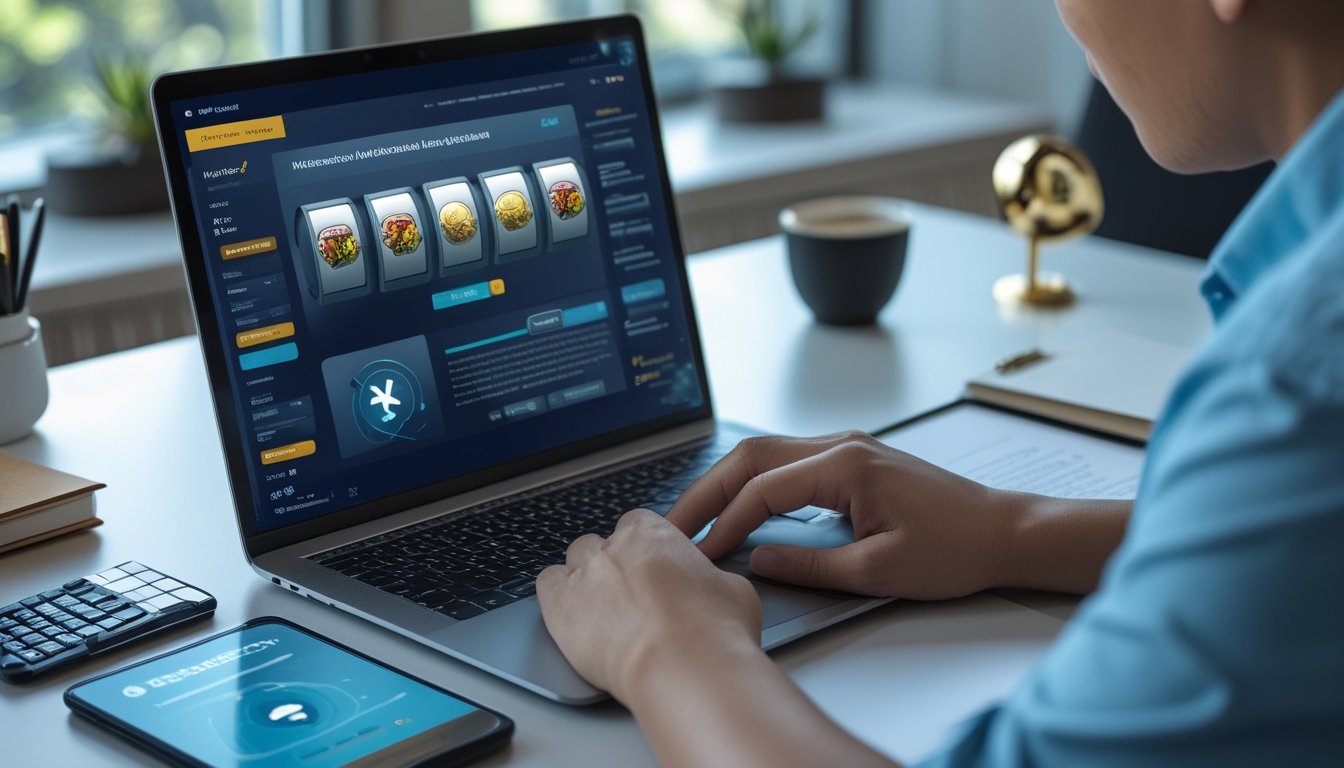 Seorang profesional memeriksa platform permainan daring menggunakan laptop dengan simbol keamanan, lisensi, dan verifikasi di meja kerja.