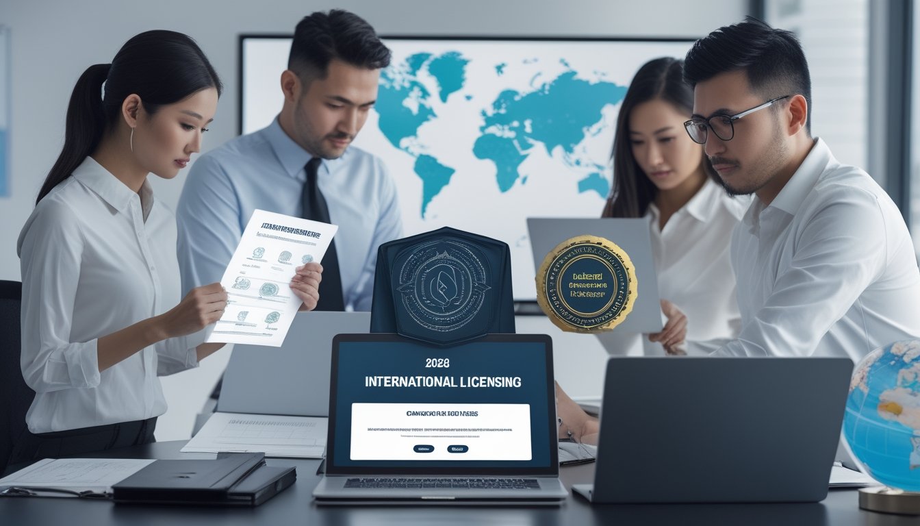 Tim profesional meninjau dokumen lisensi dan informasi kepatuhan platform slot online di kantor modern.