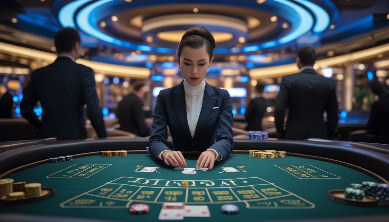Dealer menyajikan kartu dalam permainan baccarat langsung di meja kasino dengan suasana elegan.