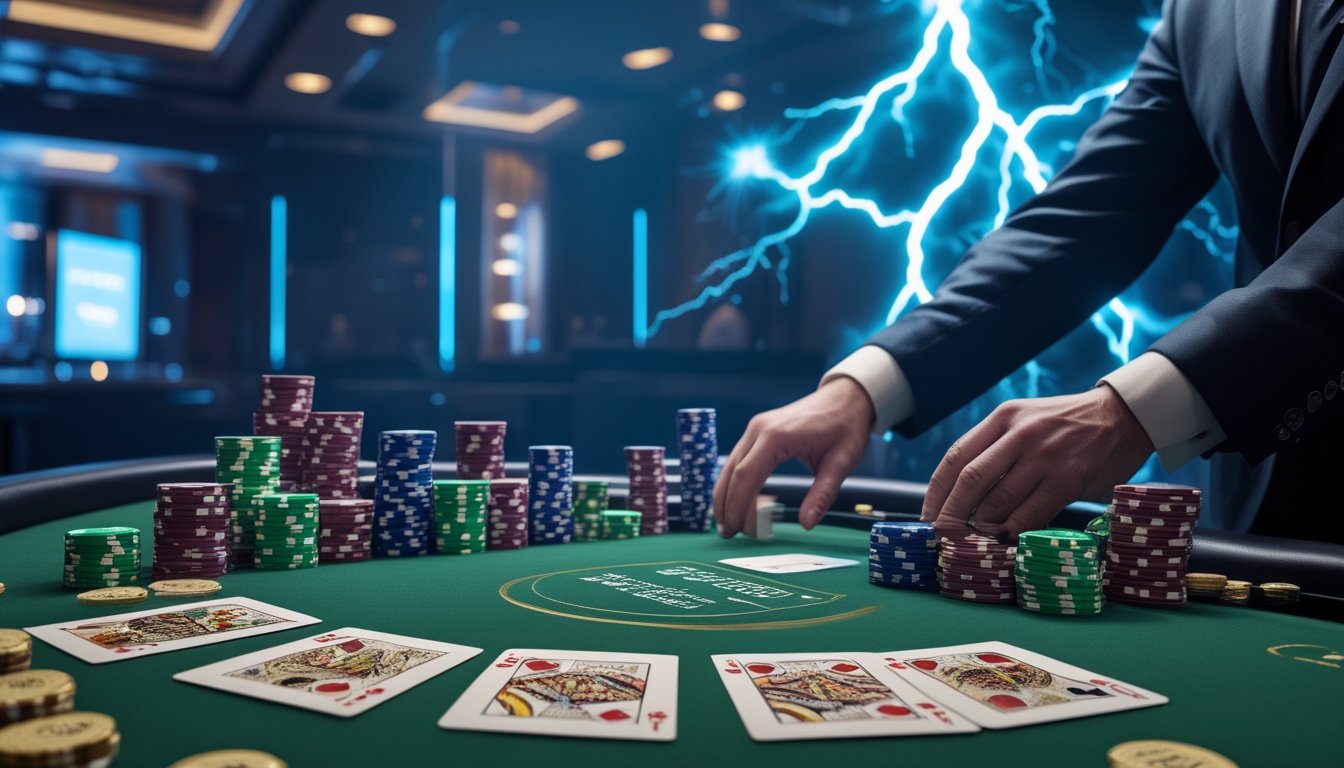 Dealer membagikan kartu di meja baccarat dengan chip kasino dan cahaya berbentuk petir di latar belakang.