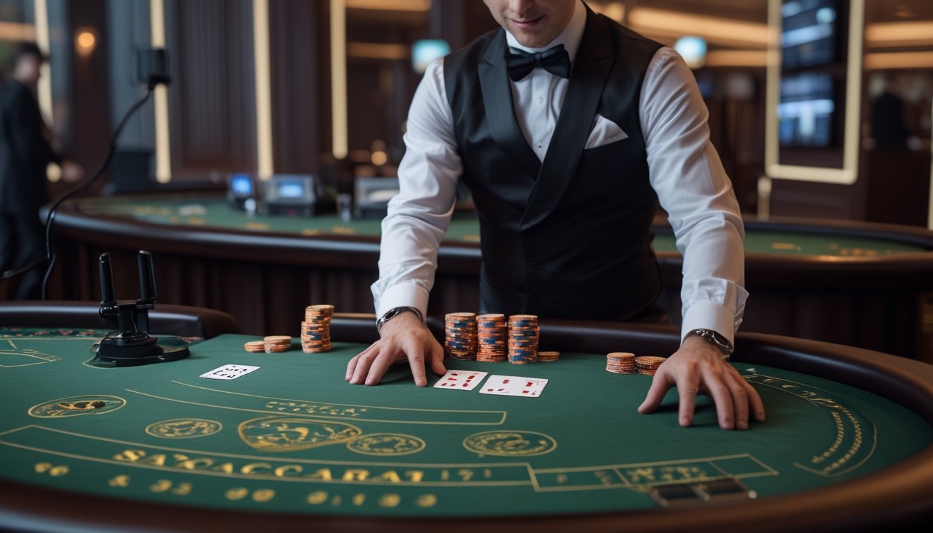 Dealer profesional memperlihatkan kartu di meja baccarat dalam suasana kasino langsung yang elegan.