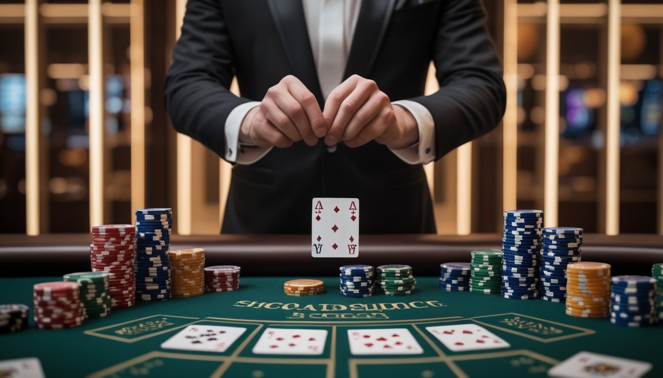 Dealer profesional membuka kartu baccarat di meja kasino dengan chip dan kartu permainan.