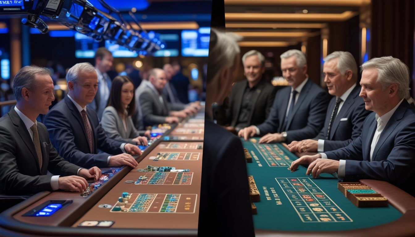 Suasana kasino yang memperlihatkan meja baccarat live berkecepatan tinggi dan meja baccarat standar secara berdampingan.