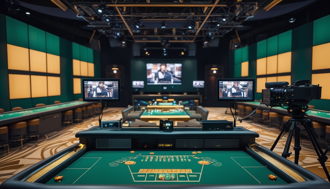 Meja baccarat modern dengan dealer, kamera, lampu studio, monitor, dan peralatan jaringan untuk siaran langsung HD.