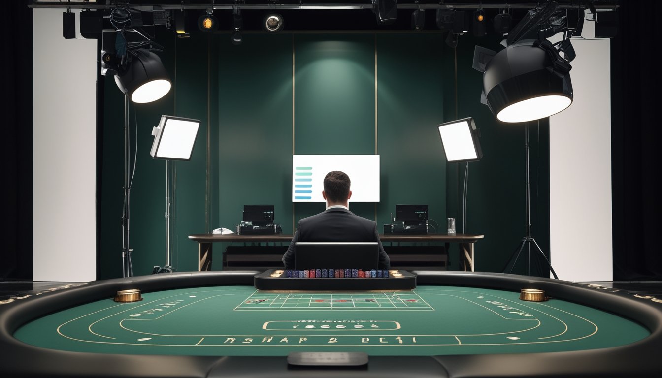 Meja baccarat modern dengan dealer, kamera siaran, lampu studio, monitor produksi, dan perangkat jaringan.