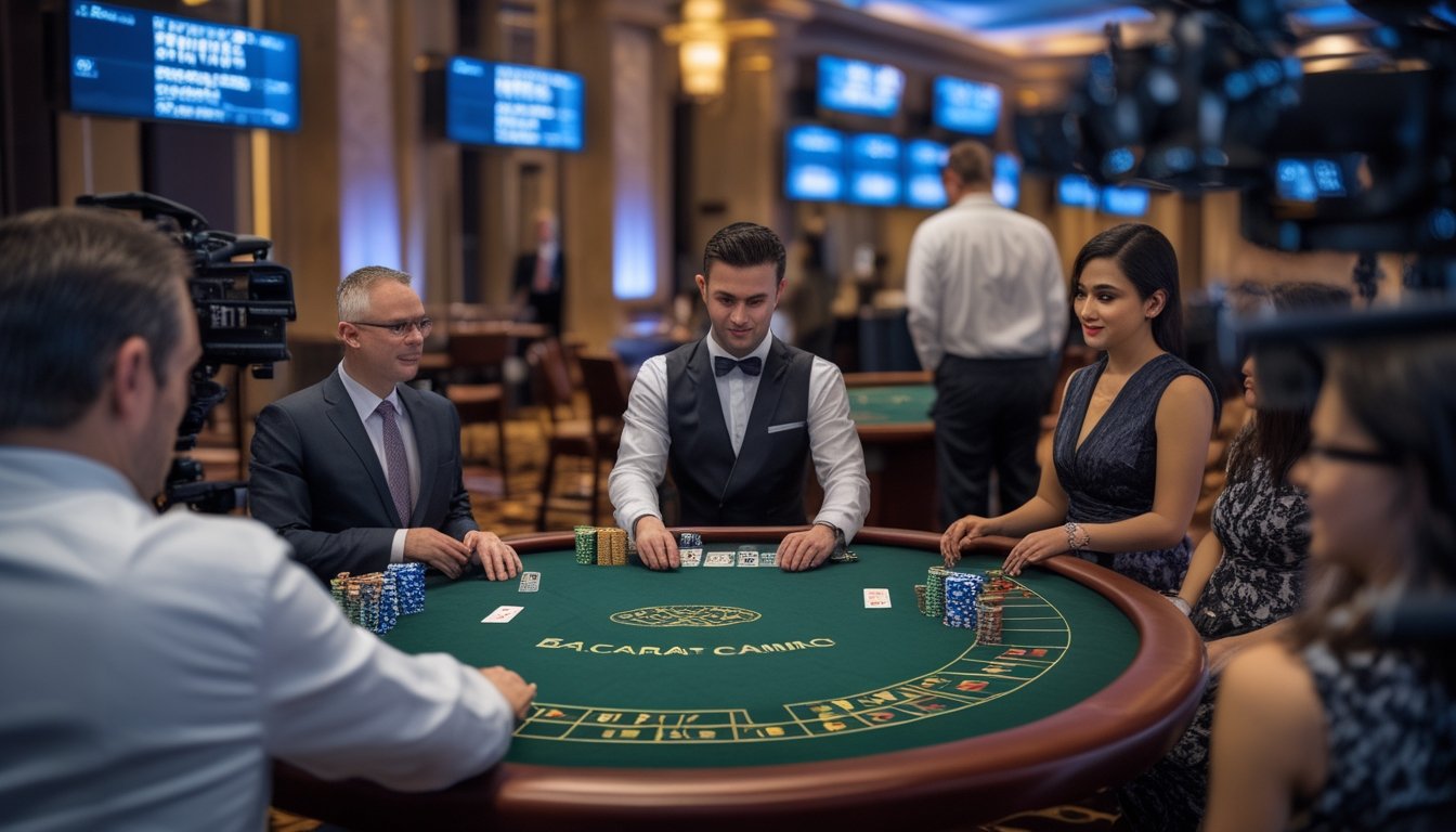Dealer dan beberapa pemain menikmati permainan baccarat langsung di meja kasino mewah dengan beberapa sudut kamera.