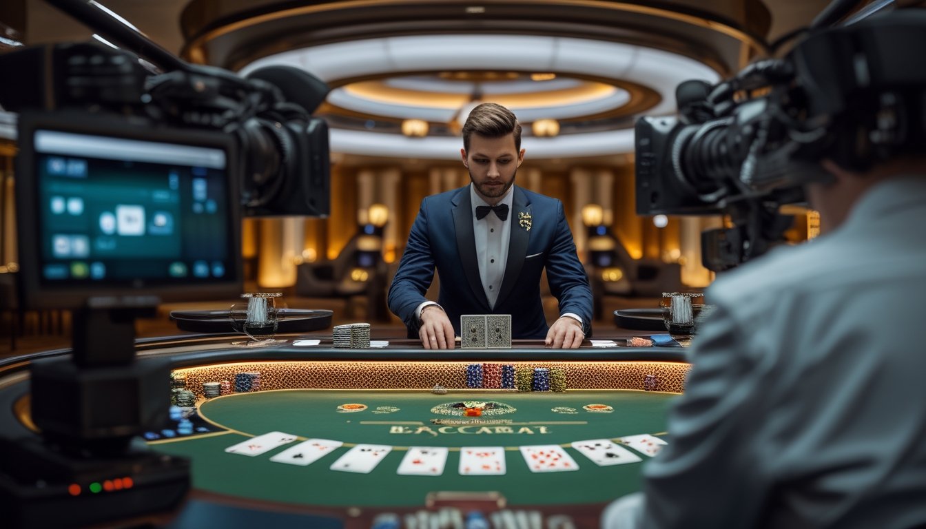 Dealer memainkan baccarat di meja kasino dengan beberapa kamera yang merekam dari berbagai sudut.
