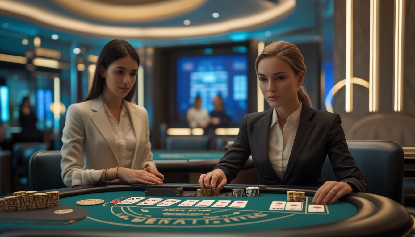 Seorang dealer membagikan kartu baccarat di meja kasino sementara dua pemain memperhatikan permainan.
