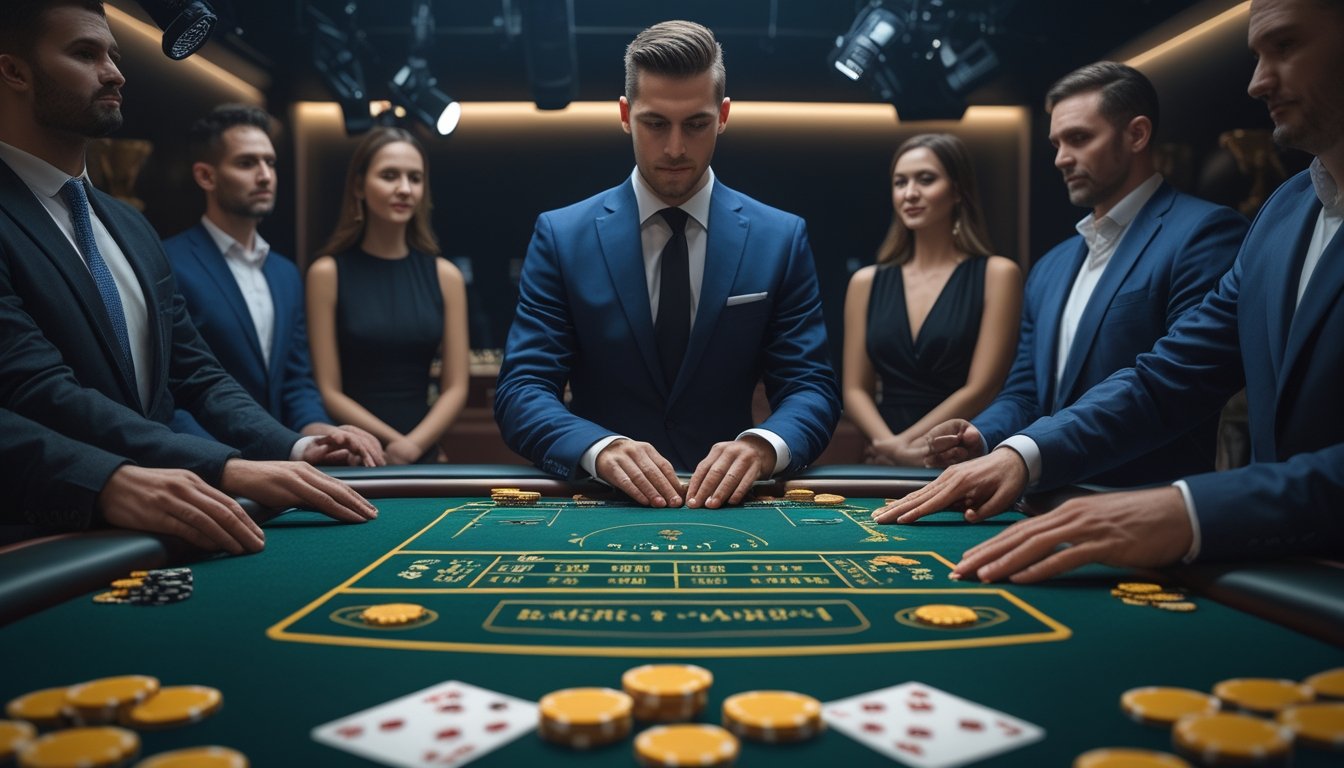 Dealer menjelaskan permainan baccarat kepada beberapa pemain di meja kasino.