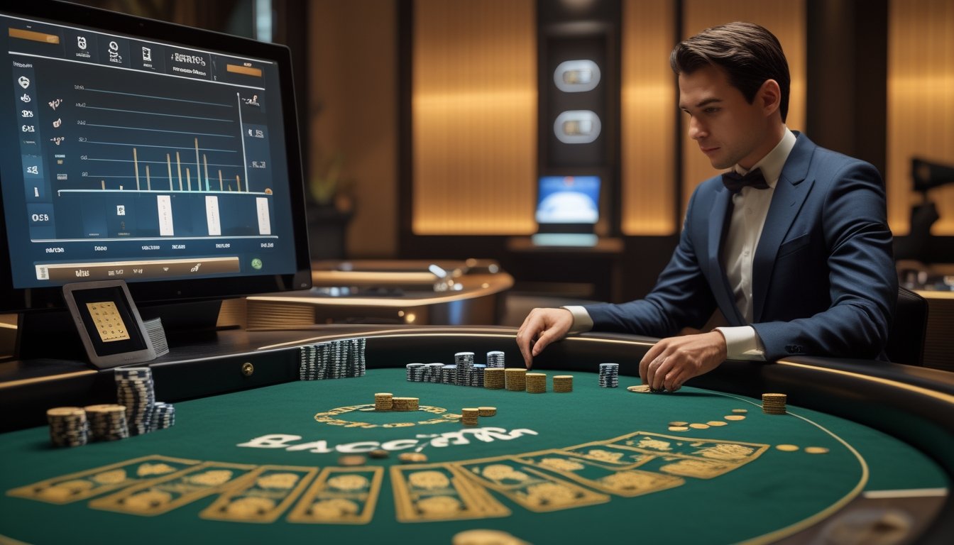 Seorang pemain dan dealer bermain baccarat di meja kasino dengan kartu, chip, dan kamera siaran langsung.