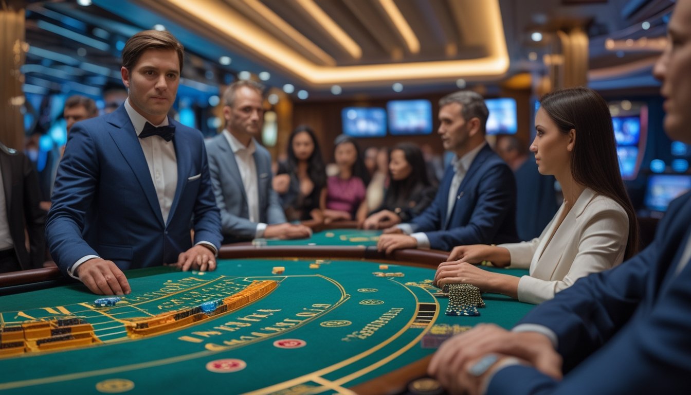 Dealer dan beberapa pemain dewasa mengamati permainan baccarat di meja kasino modern.