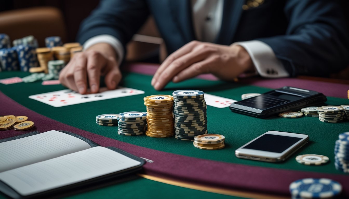 Pemain menata sejumlah keping taruhan di meja baccarat dengan kalkulator dan buku catatan kosong di sampingnya.