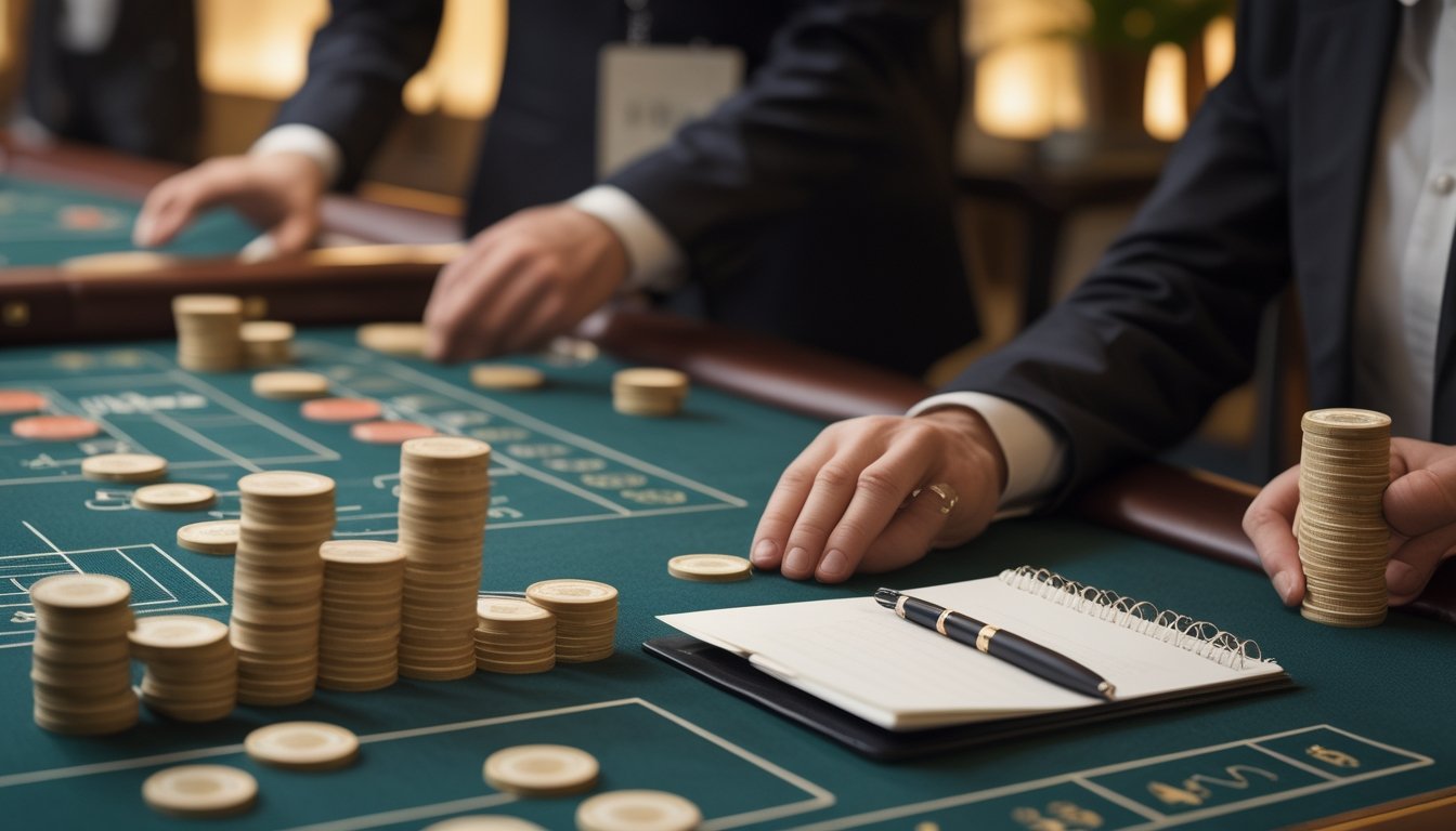 Pemain mengatur tumpukan chip secara teratur di meja baccarat dengan buku catatan kosong di sampingnya.