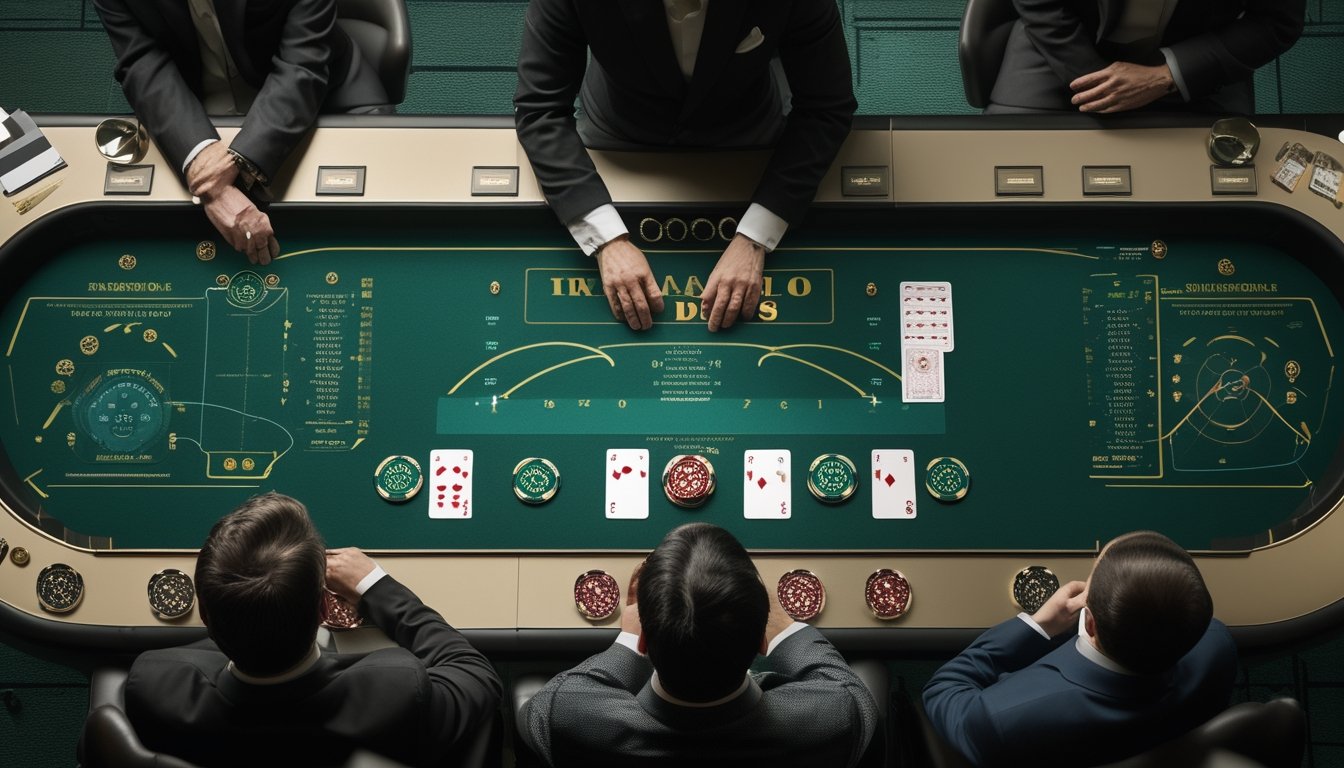 Dealer memimpin permainan baccarat langsung dengan area taruhan banker dan player, kartu, serta keping kasino di atas meja.