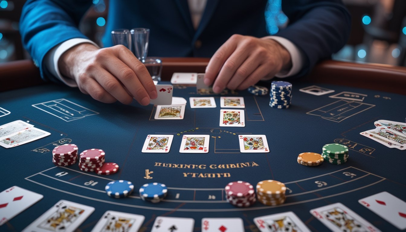 Dealer membagikan kartu di meja baccarat dengan kartu dan keping taruhan yang tertata.