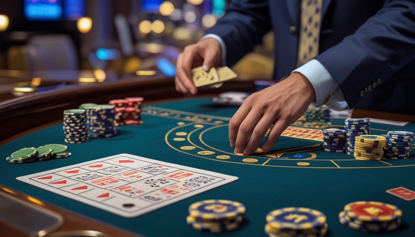 Meja blackjack kasino dengan kartu, keping taruhan, dan bagan strategi tanpa tulisan.