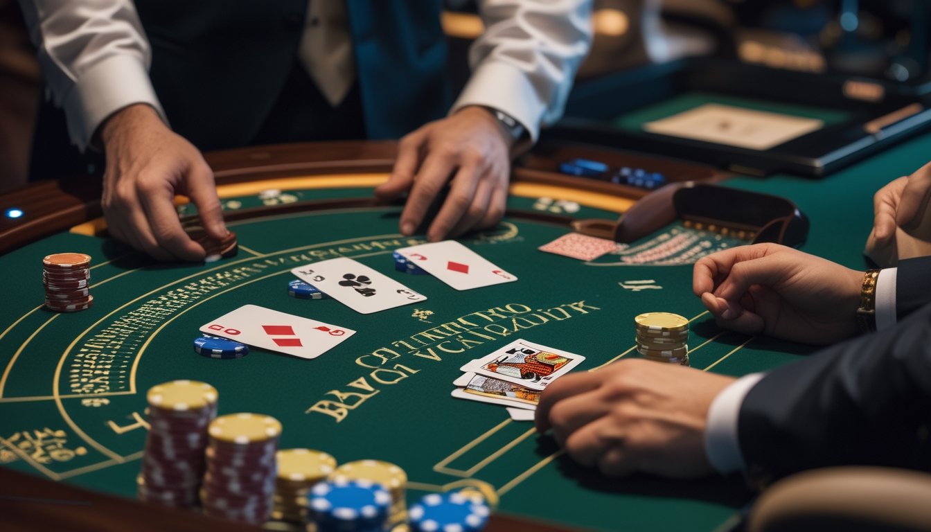 Pemain mempelajari kartu blackjack dan tumpukan chip di meja kasino dengan dealer di belakangnya.