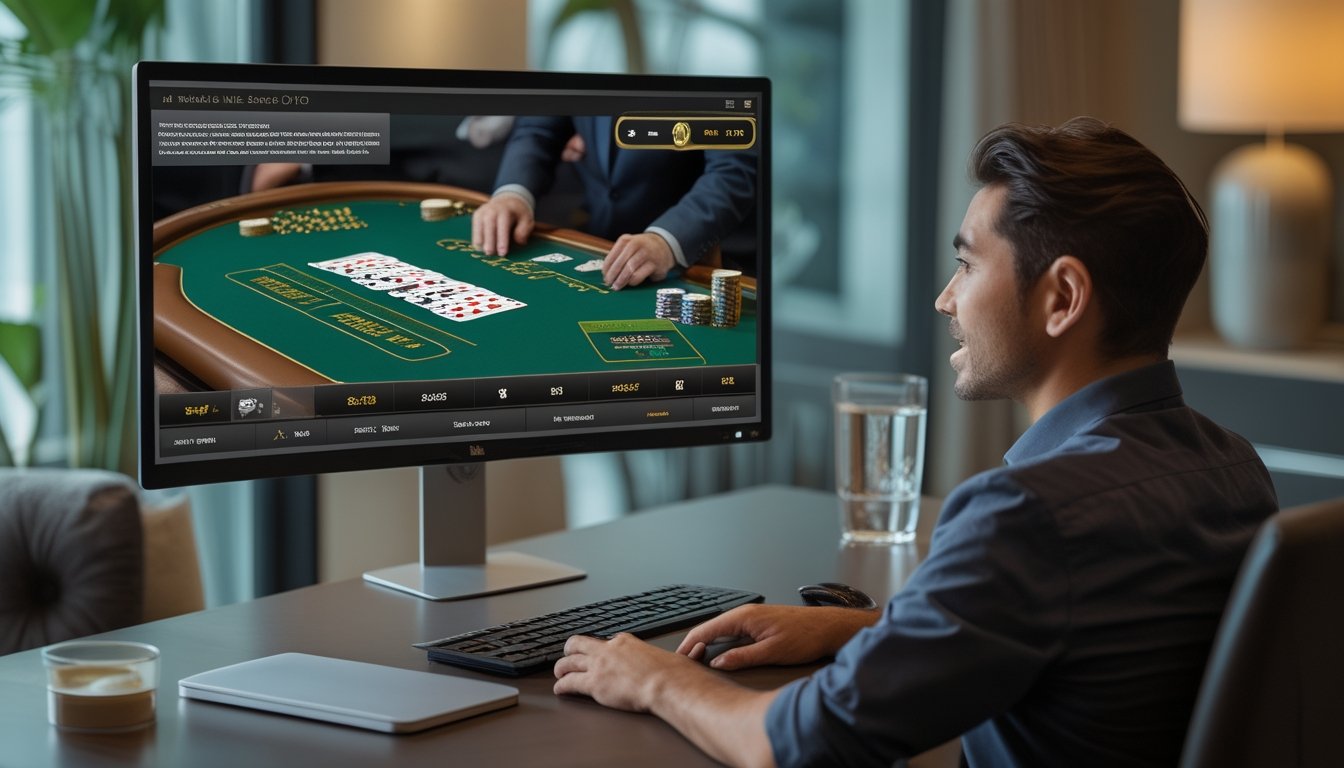 Seseorang bermain blackjack langsung dari rumah melalui komputer dengan dealer dan meja kasino terlihat di layar.