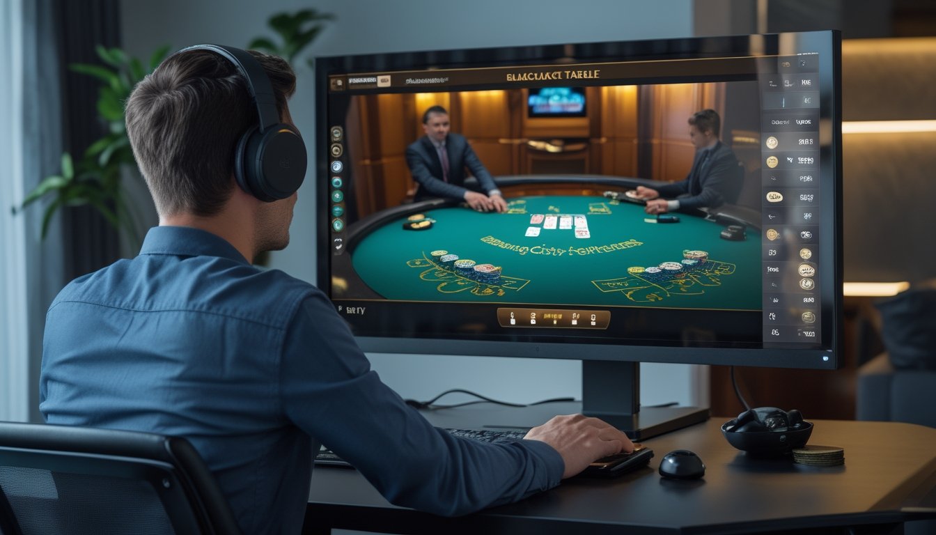 Seorang pemain bermain blackjack live dari rumah melalui layar komputer dengan meja kasino dan dealer terlihat.