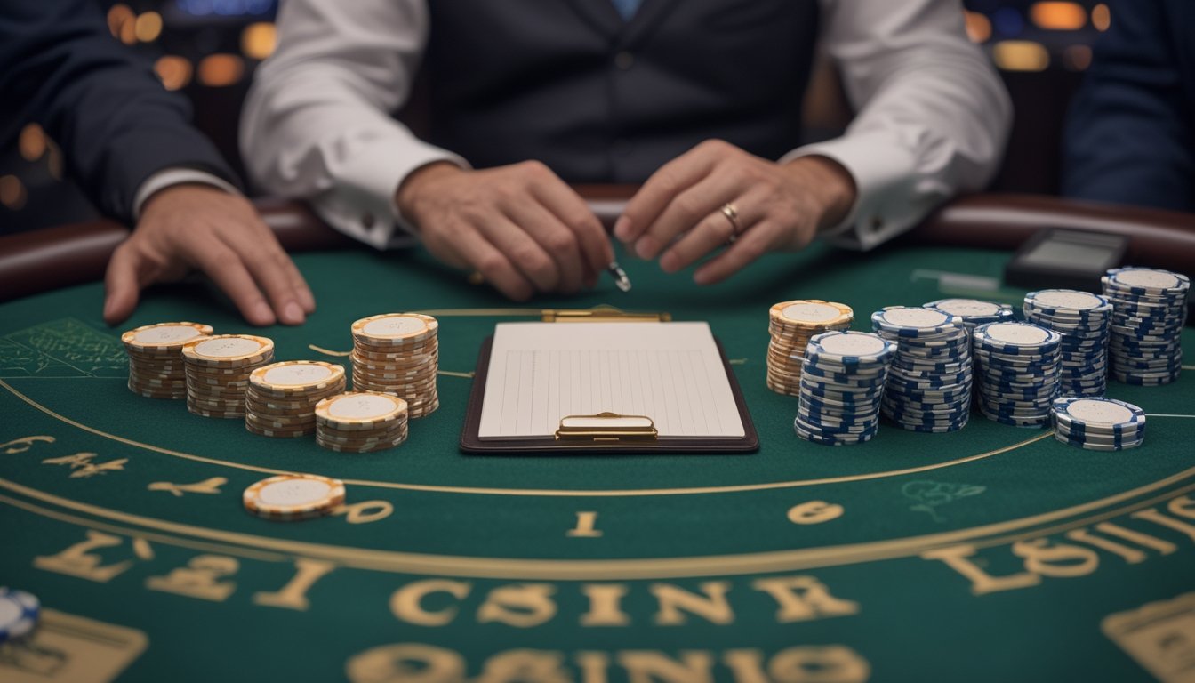 Pemain mengatur tumpukan chip secara terpisah di meja blackjack kasino dengan suasana tenang.