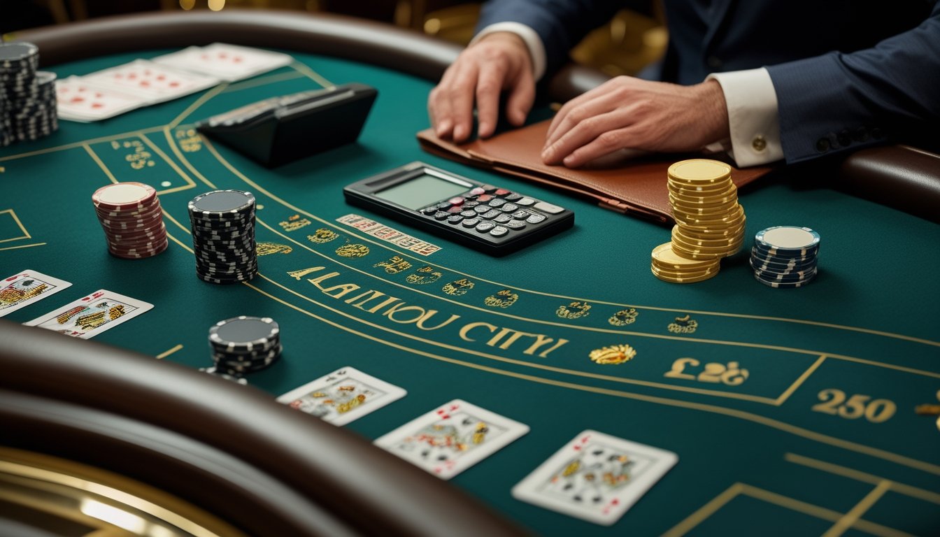 Meja blackjack kasino dengan tumpukan chip tertata, buku anggaran, dan kalkulator.